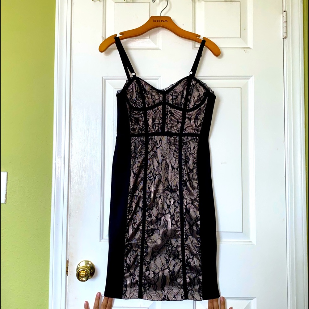 Bebe fitted little black dress with lace front. Size Small
